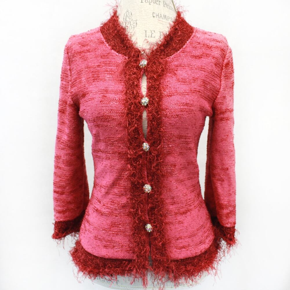 Knittline Vtg 80's 90's Couture Style Blazer Cardigan Crystal Button Fringe M - Picture 2 of 9